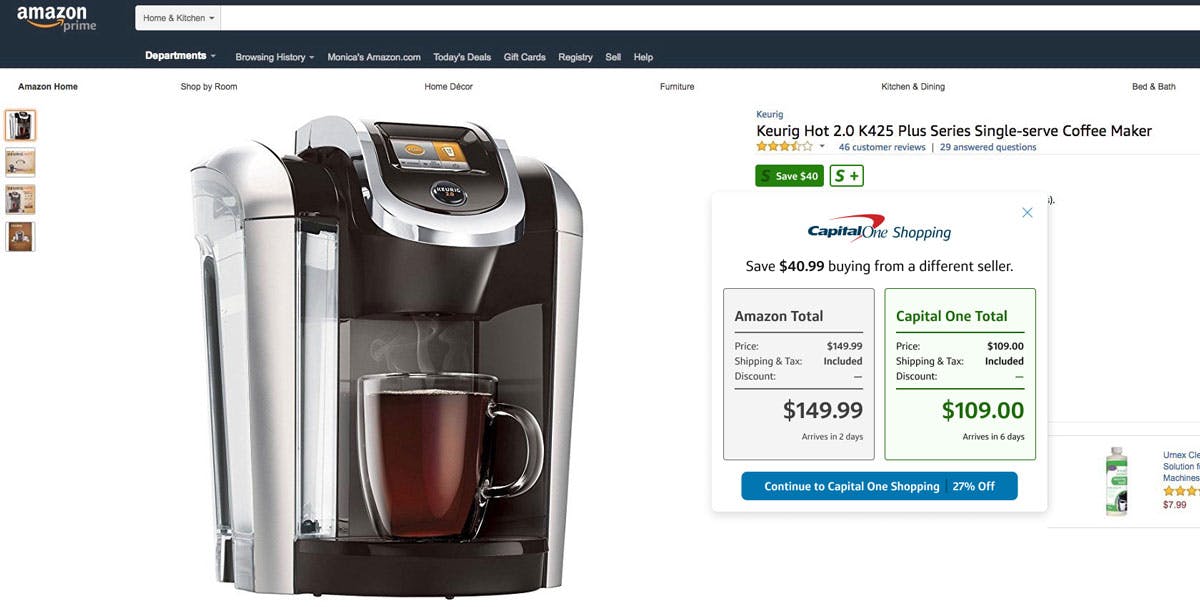 Amazon page with CapitalOne Shopping savings